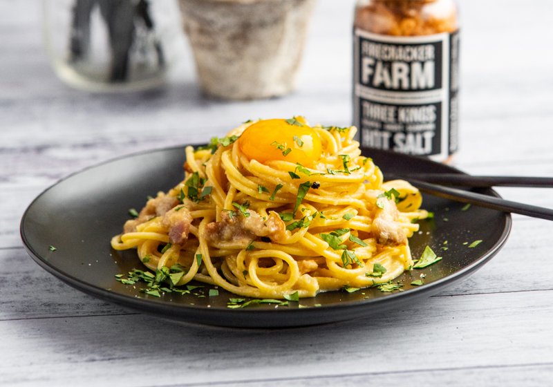 Bacon and Egg Carbonara Pasta - Photos and recipe: Gina Hansen Firecracker Farm Recipe Image