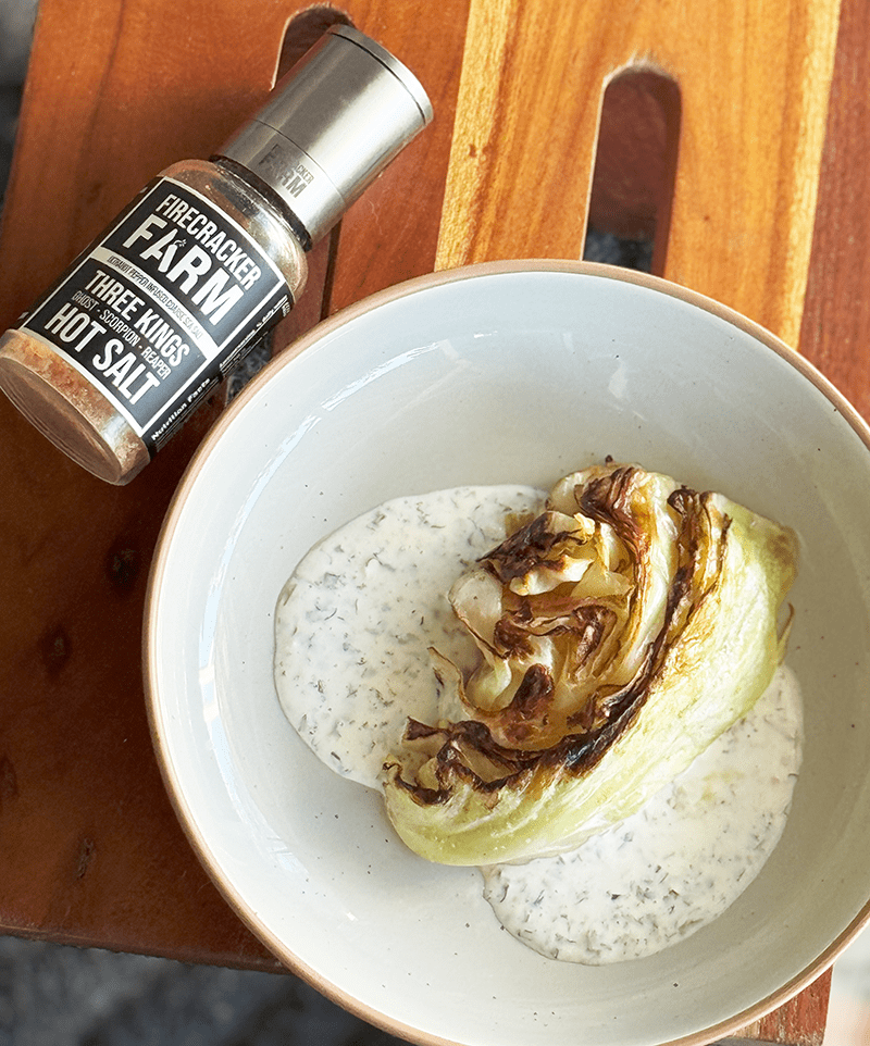 Charred Cabbage with Yogurt Sauce - Photos and recipe: Dave Sands Firecracker Farm Recipe Image